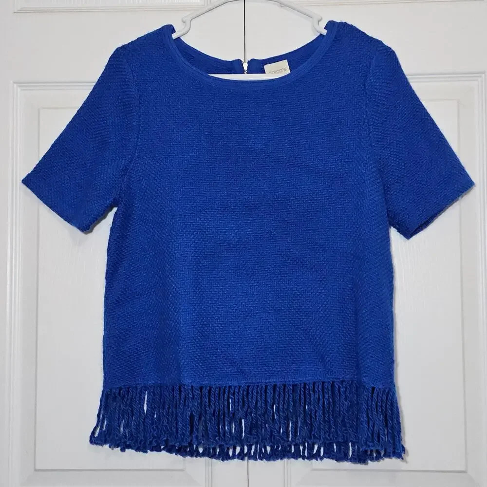 Chico's Royal‎ Blue Women's Hema Pullover Tunic Shirt 0/4 XS Fringe Woven